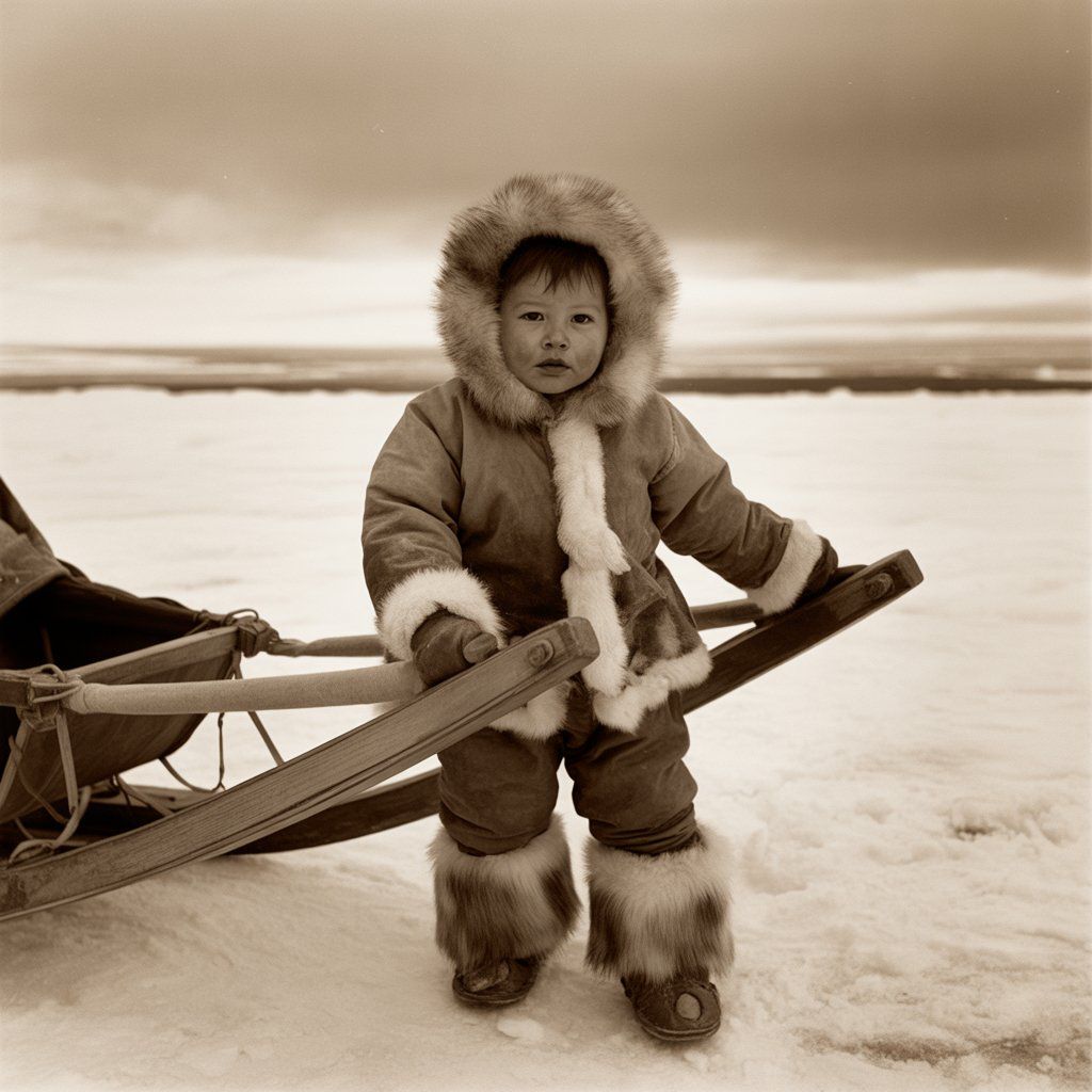 An Inuk toddler in full furs holding onto a sled, taken likely in