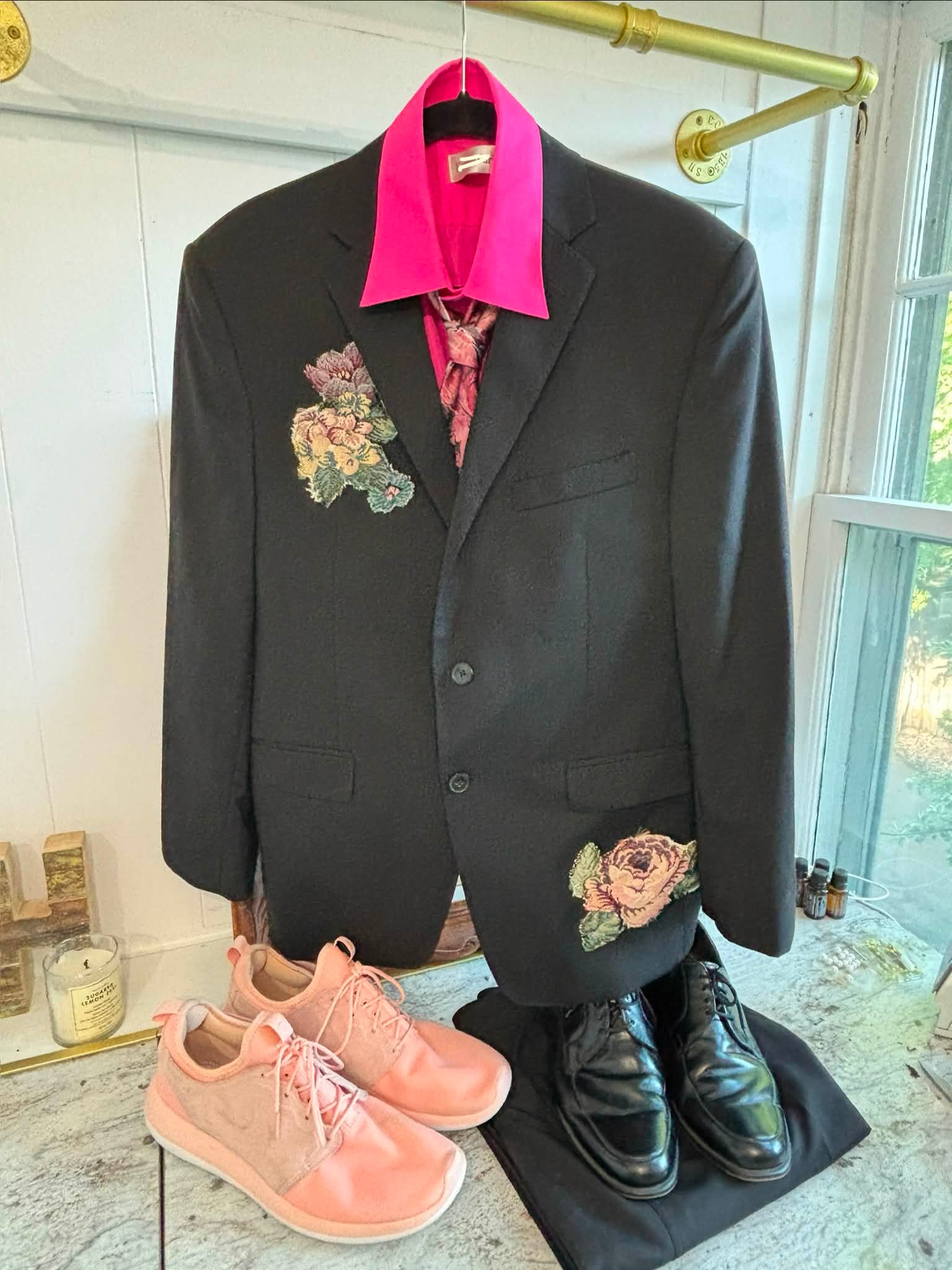 Before and after! Upcycled for my 14 year old son. He picked this entire outfit at the thrift store and then asked me to add floral appliqués to his blazer the way