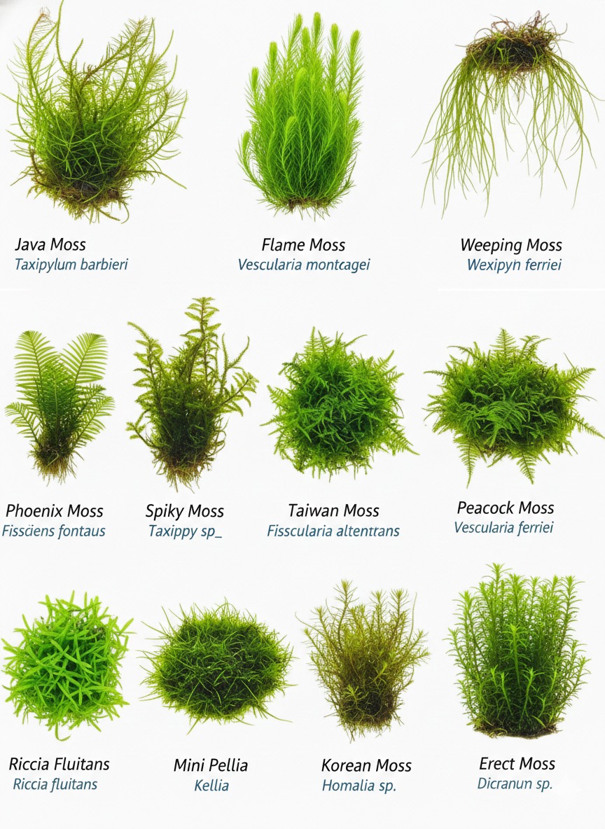 Aqua - A Visual Guide to Common Aquarium Moss Varieties 🌿 1. Java Moss ...