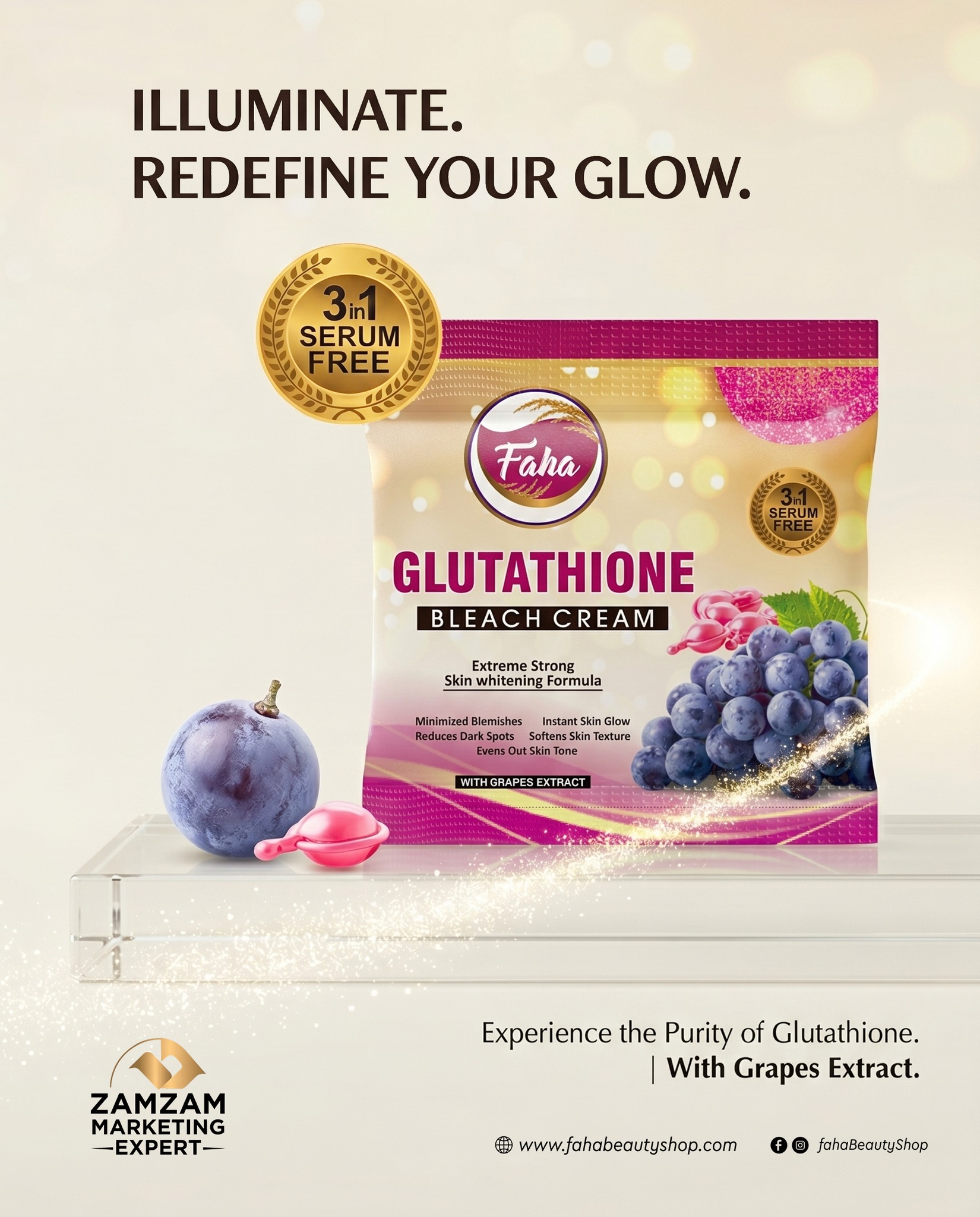 Ready to redefine your glow? ✨ Experience the pure power of Glutathione combined with the natural goodness of Grapes Extract! 🍇✨ Faha Glutathione Bleach Cream is formulated to give you an instant