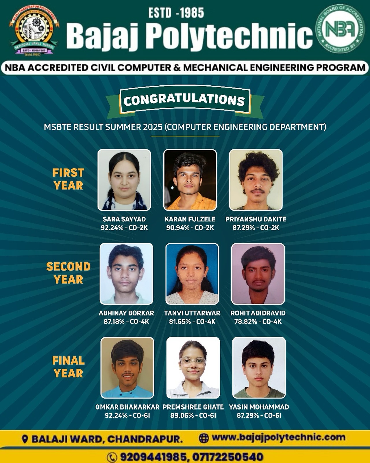 Bajaj - 🎉 Heartiest Congratulations to Our Computer Engineering ...