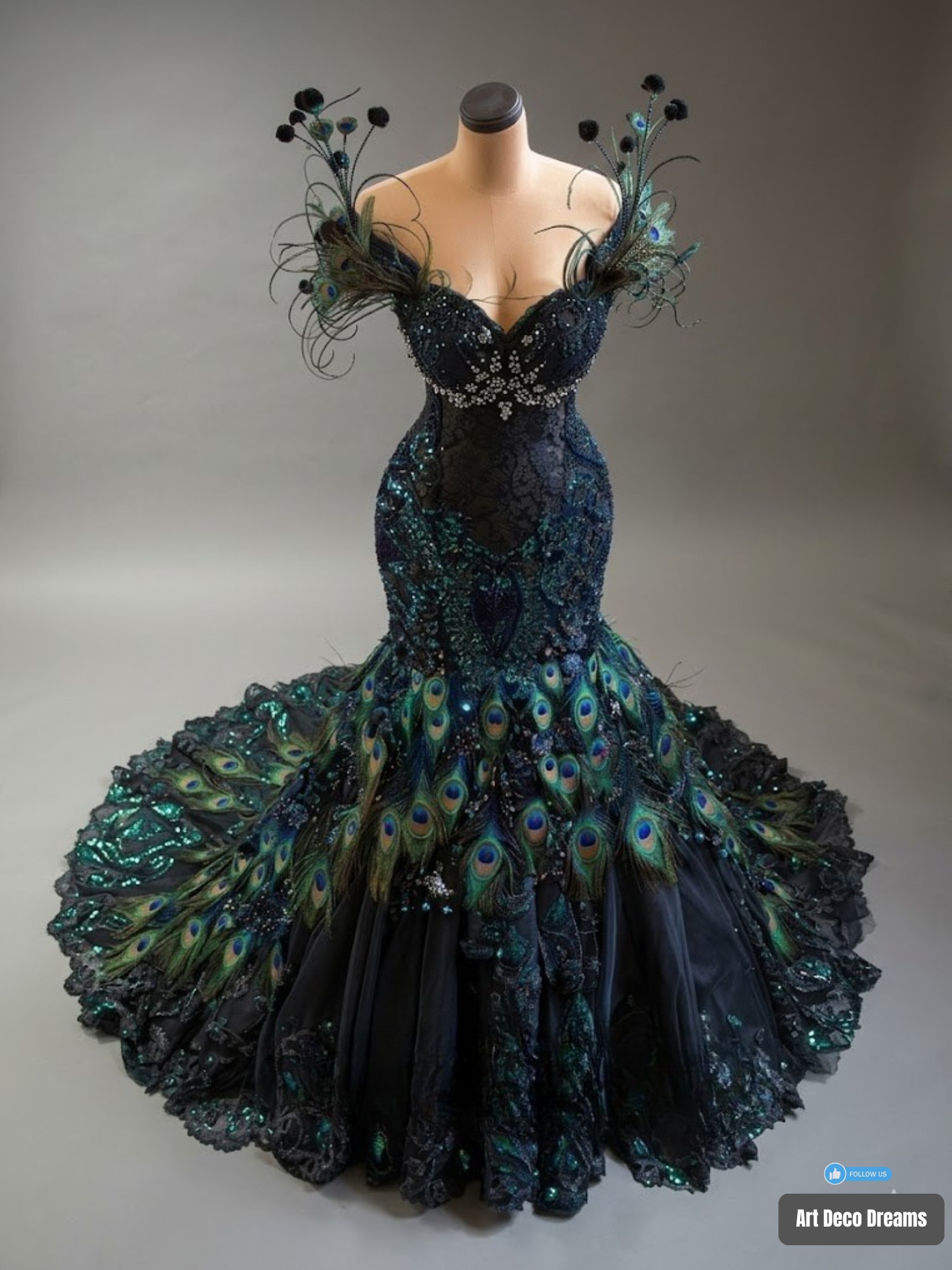 Stunning plus-sized woman in peacock-inspired cocktail dress