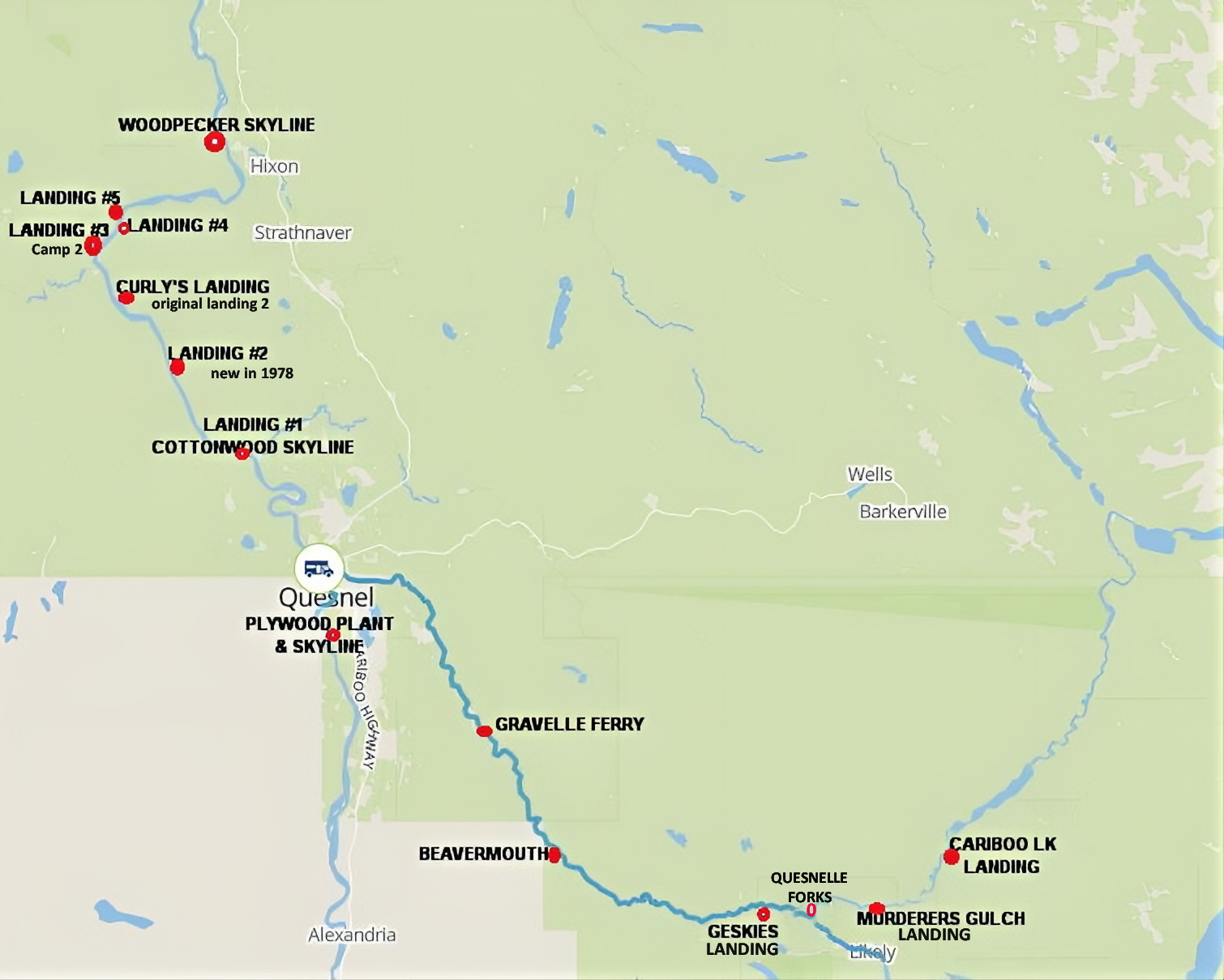 Quesnel - Map of location of Landings, towns and features on the Fraser ...
