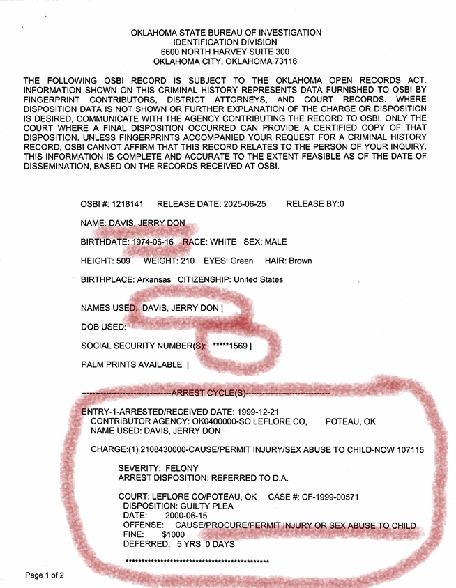 Sean - OSBI Confirmation Davis, same date of birth is a Convicted Child ...