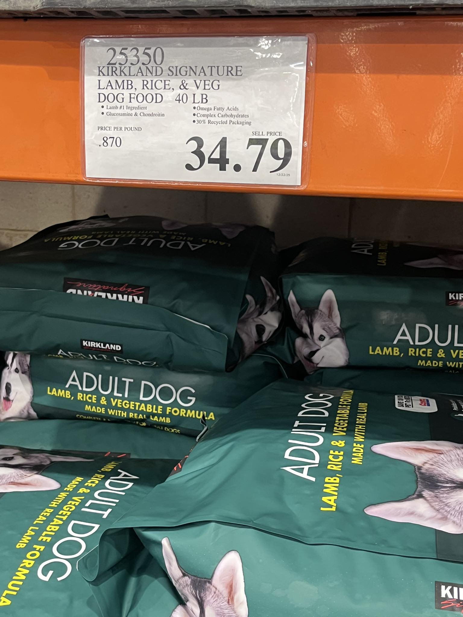 Kirkland signature lamb rice and veg dog food 40lb $43.79 at Costco