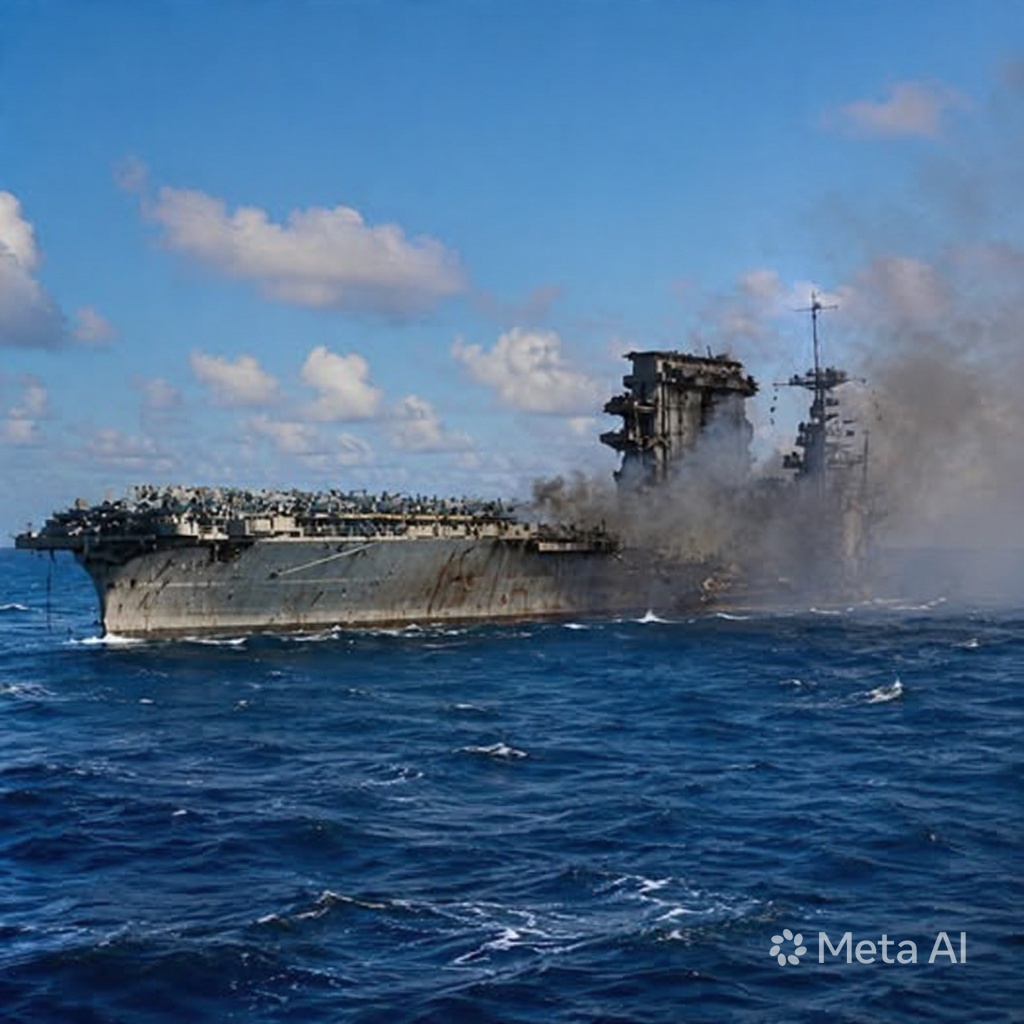 U.S. sailors abandon the aircraft carrier USS Lexington after she