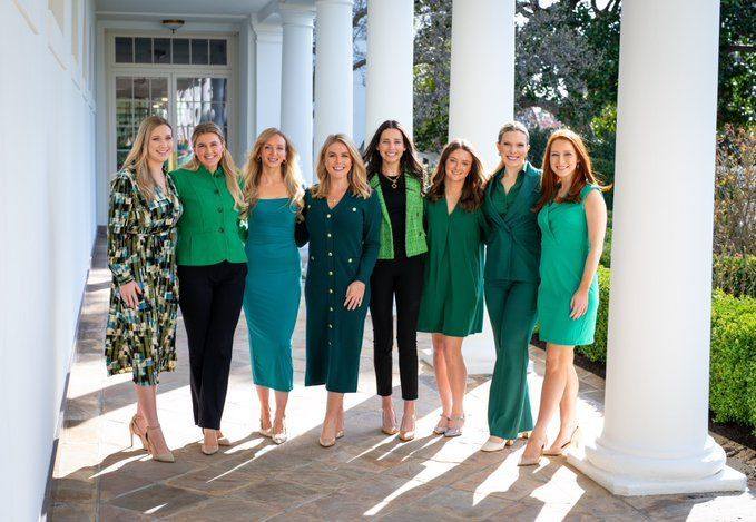 white house press secretary green dress Karoline Leavitt and Office staff celebrate St. Patrick's Day in 2020 SS26-EOFYPROMO-JUNE26