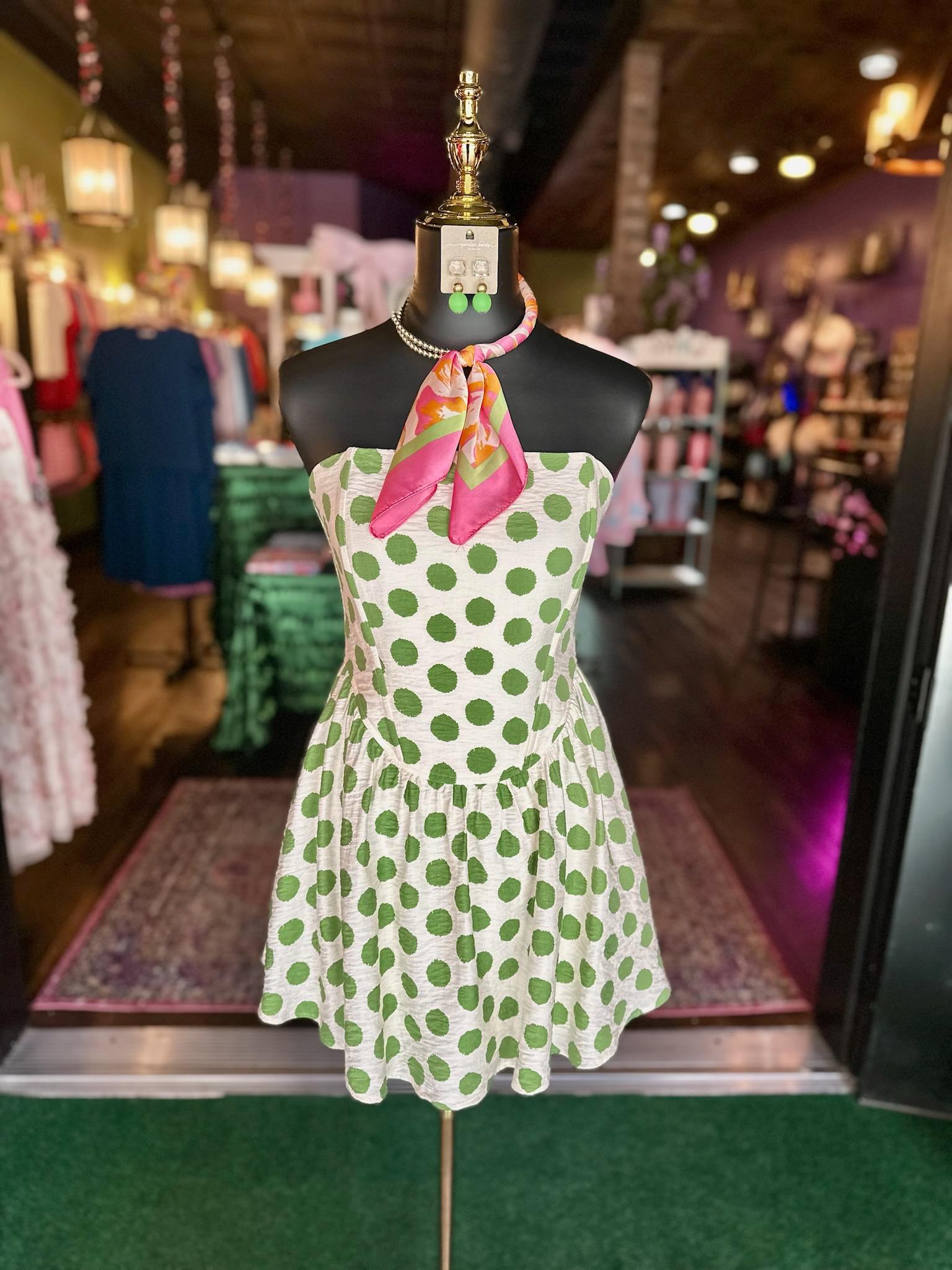 Lime green dress with hot pink polka dots