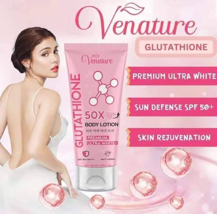 glutathione x3 whitening VENATURE LOTION ❣️ ••Body Tone Up 50X Ultra White Sun Defense 📌Ingredients : ✓ Niacinamide ✓ Arbutin ✓ Hyaluronic Acid Benefits:: 🔹 🔹 Dark Spot Removal 🔹Acne Control 🔹Protection Condition_Fertility
