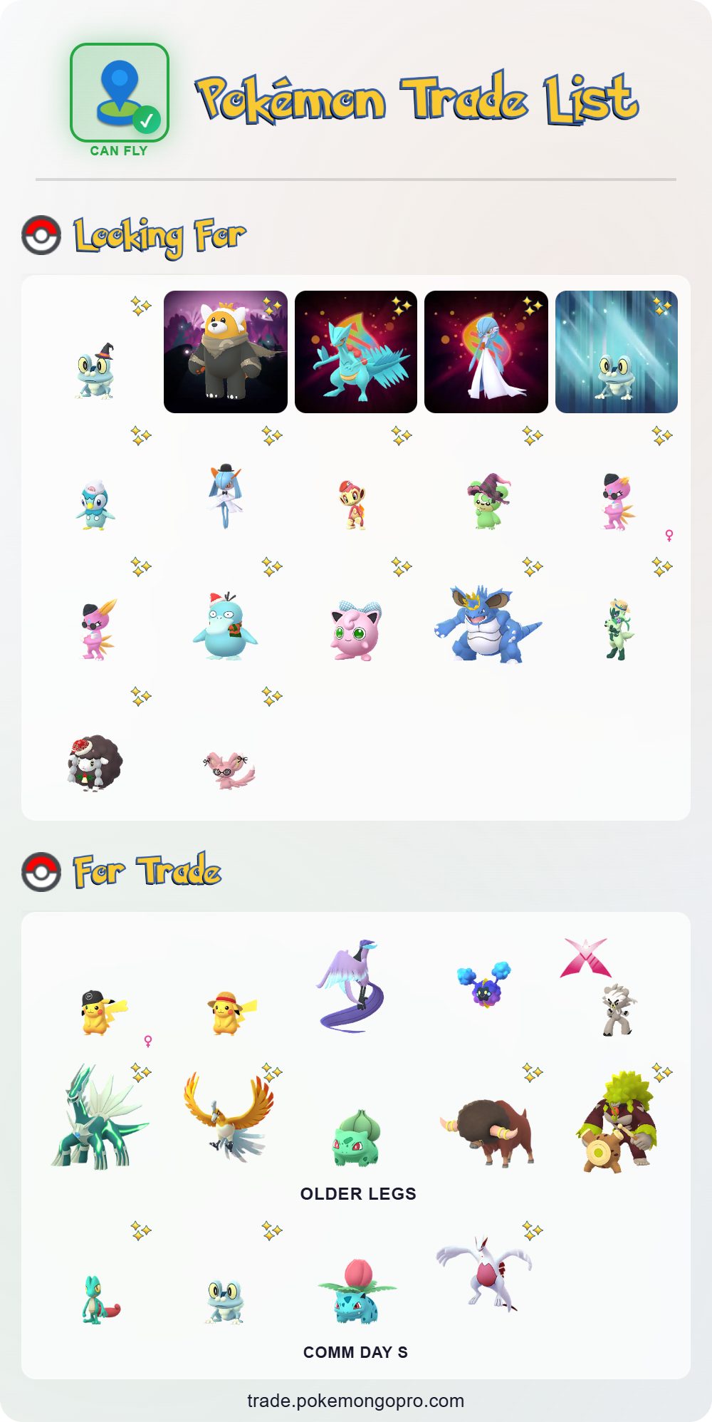 CAN FLY Pckémen Trade List Lecking Fer Fcr 全菌 a 玄 O For Trade