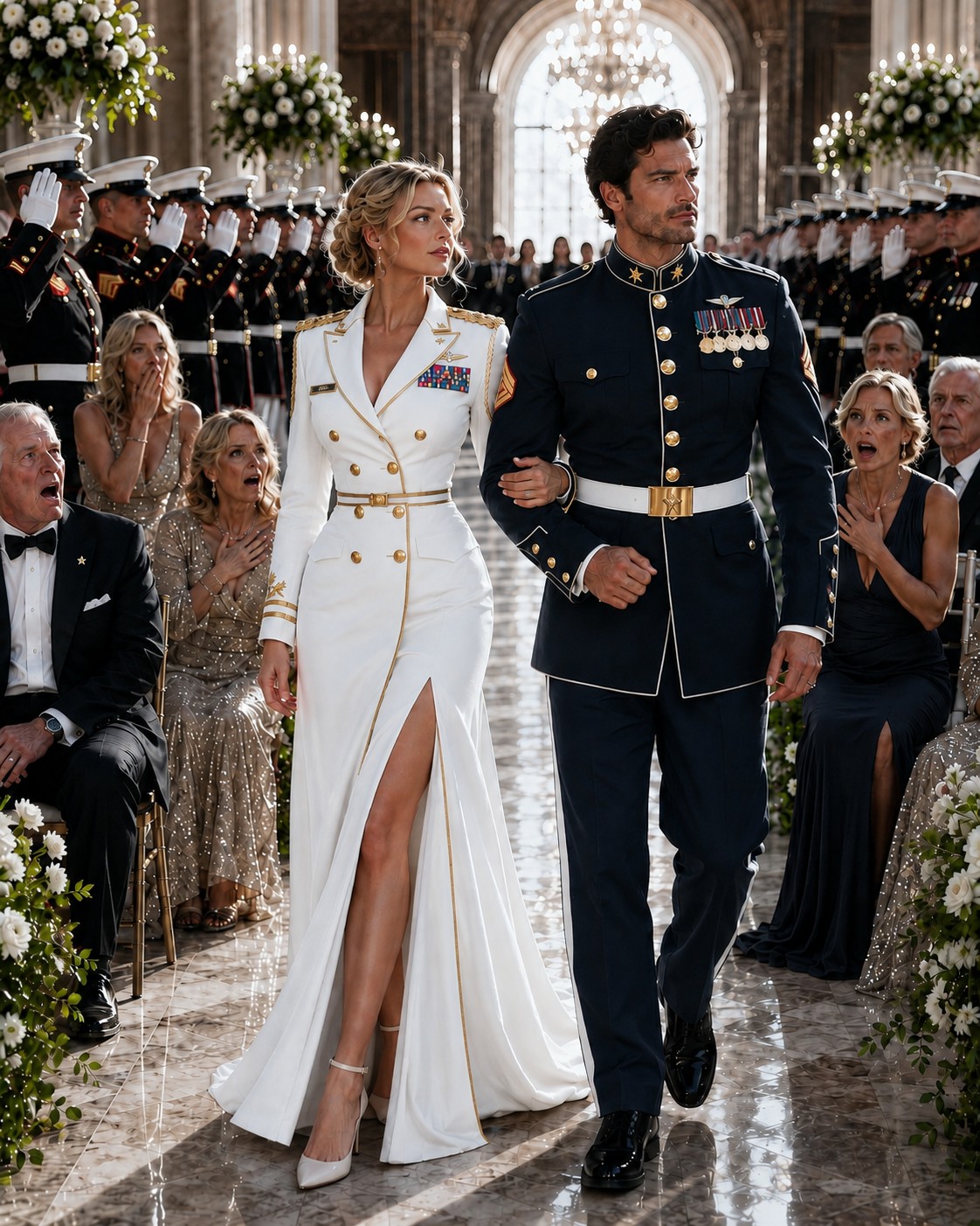 She mocked me for wearing my Marine dress blues to my own wedding—said I wasn't woman enough for a gown. But the moment I stepped through those chapel doors, 500 Marines rose