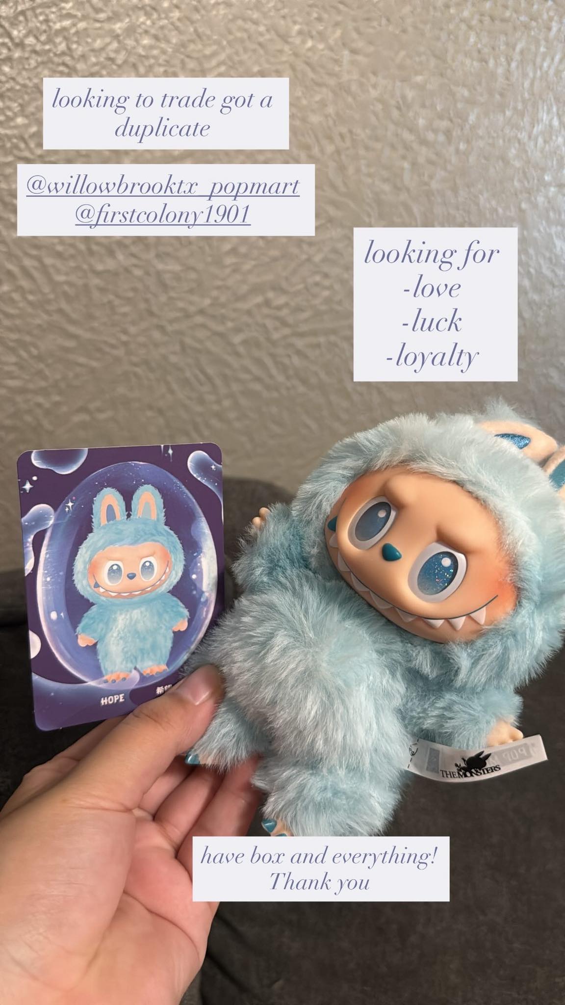 WTT/WTS Loyalty and Happiness Labubu V3 $39 or trade for Hope and