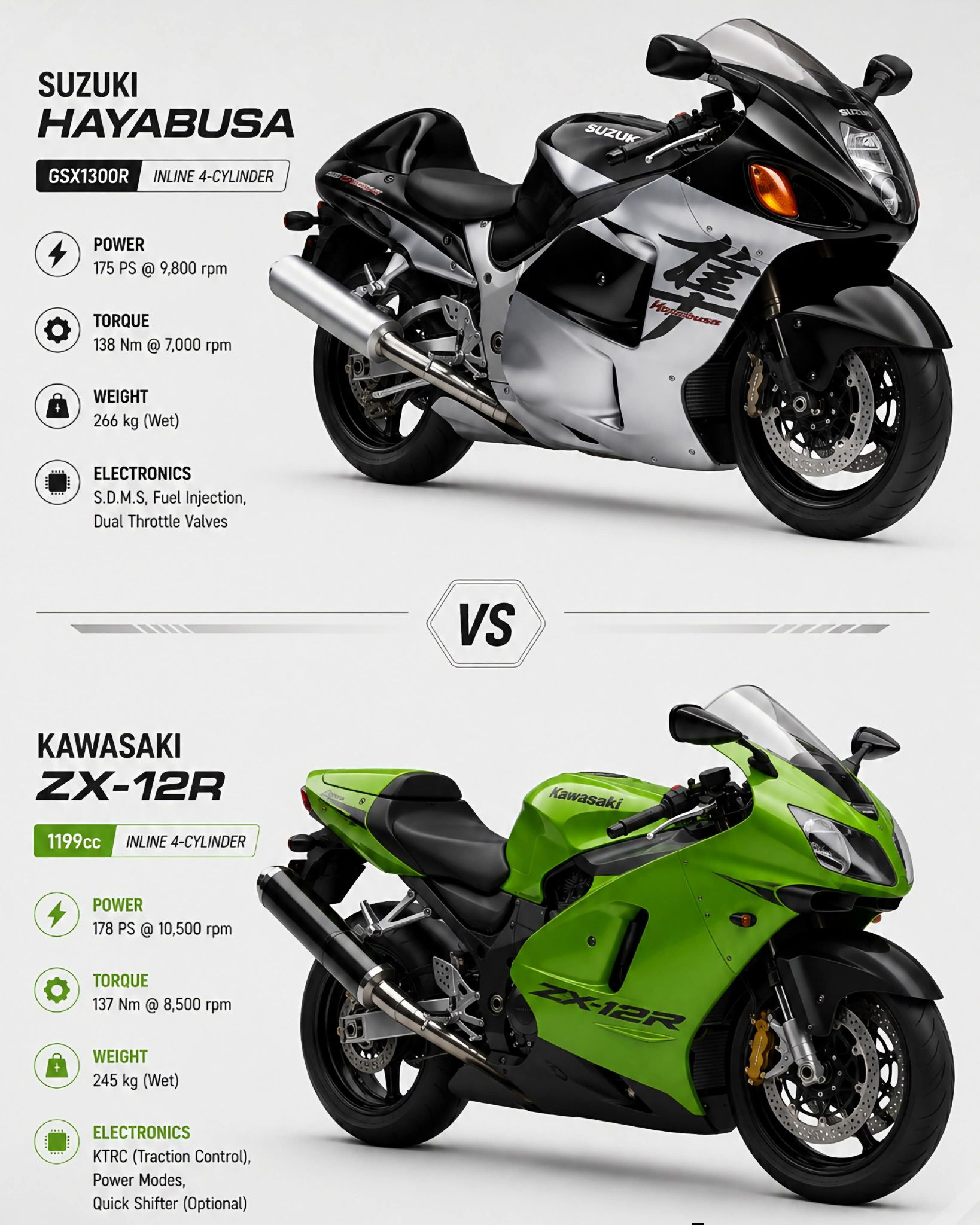 Suzuki Hayabusa vs Kawasaki ZX-12R comparison