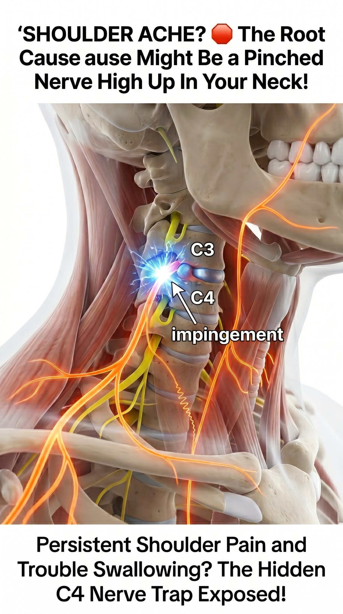 Pinched C4 nerve causes shoulder and throat pain