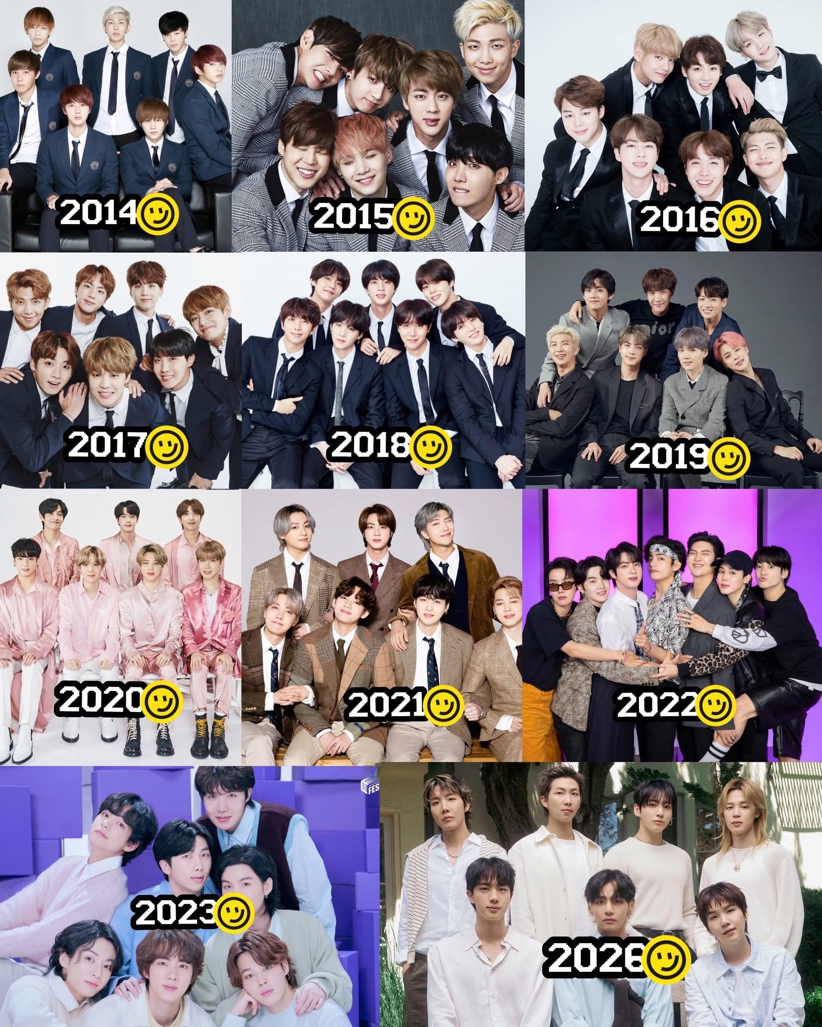 BTS Festa family photos from 2014 to 2026