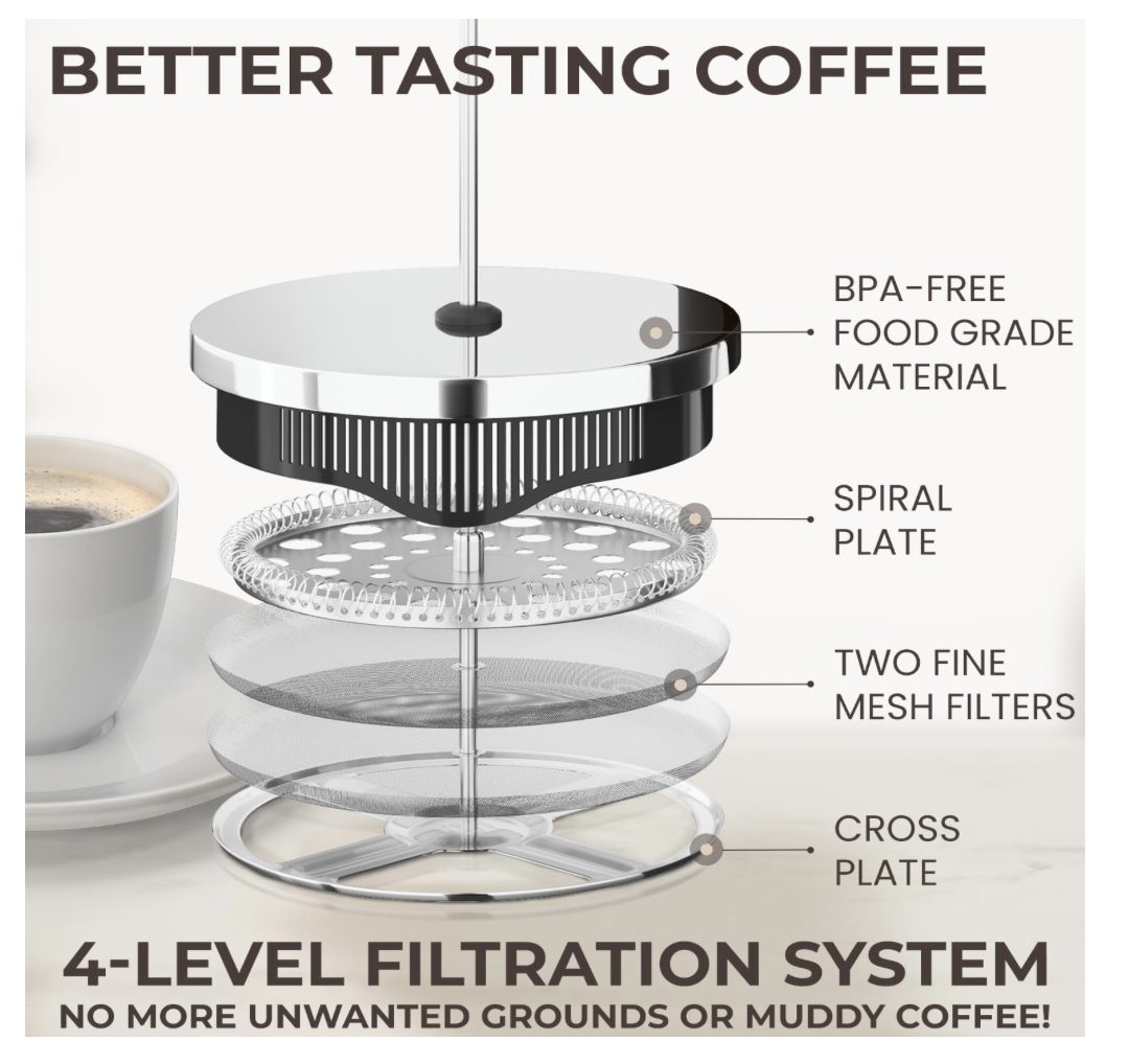 Hamilton Beach French Press Coffee Maker – 1 Liter Glass With Frothing Attachment For Hot Chocolate & Tea