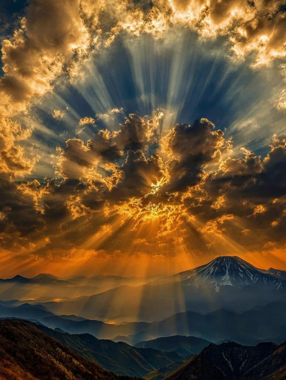 Sunrise - Golden rays of sunlight break through the clouds ...