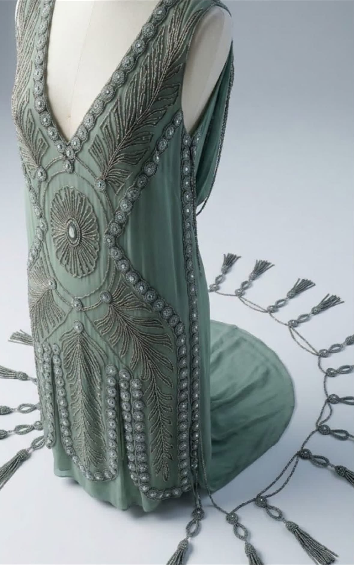 Vintage 1920s Art Deco sage green evening gown with shimmering beadwork