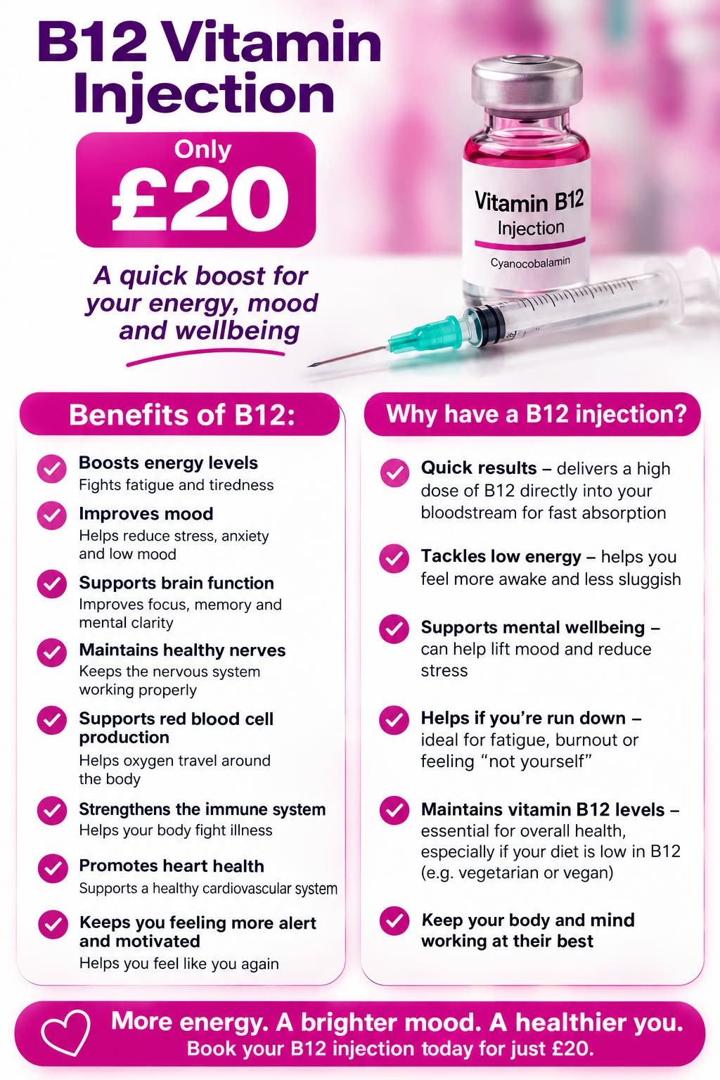 vitamin b12 injection for stress and tiredness quick boost your energy, mood wellbeing Benefits B12: Boosts energy levels Fights fatigue and Why have Helps anxiety dose bloodstream into your Supports brain function Improves and AOD9604 - Research Peptide Iron Infusion Format:10 ml