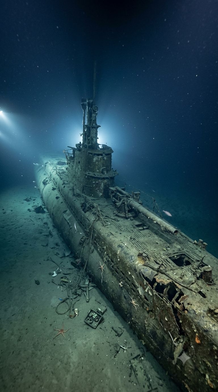 The wreck of USS Wahoo (SS-238) lies upright on the seabed in the