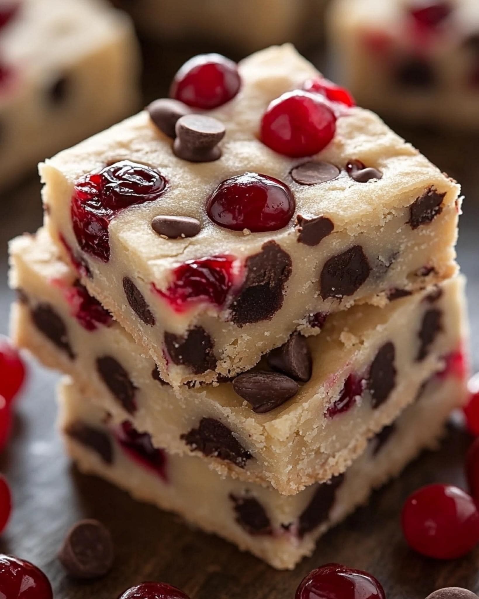 Dark chocolate snack with almonds and maraschino cherries