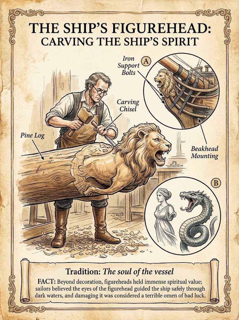 Carved figureheads on historic ships