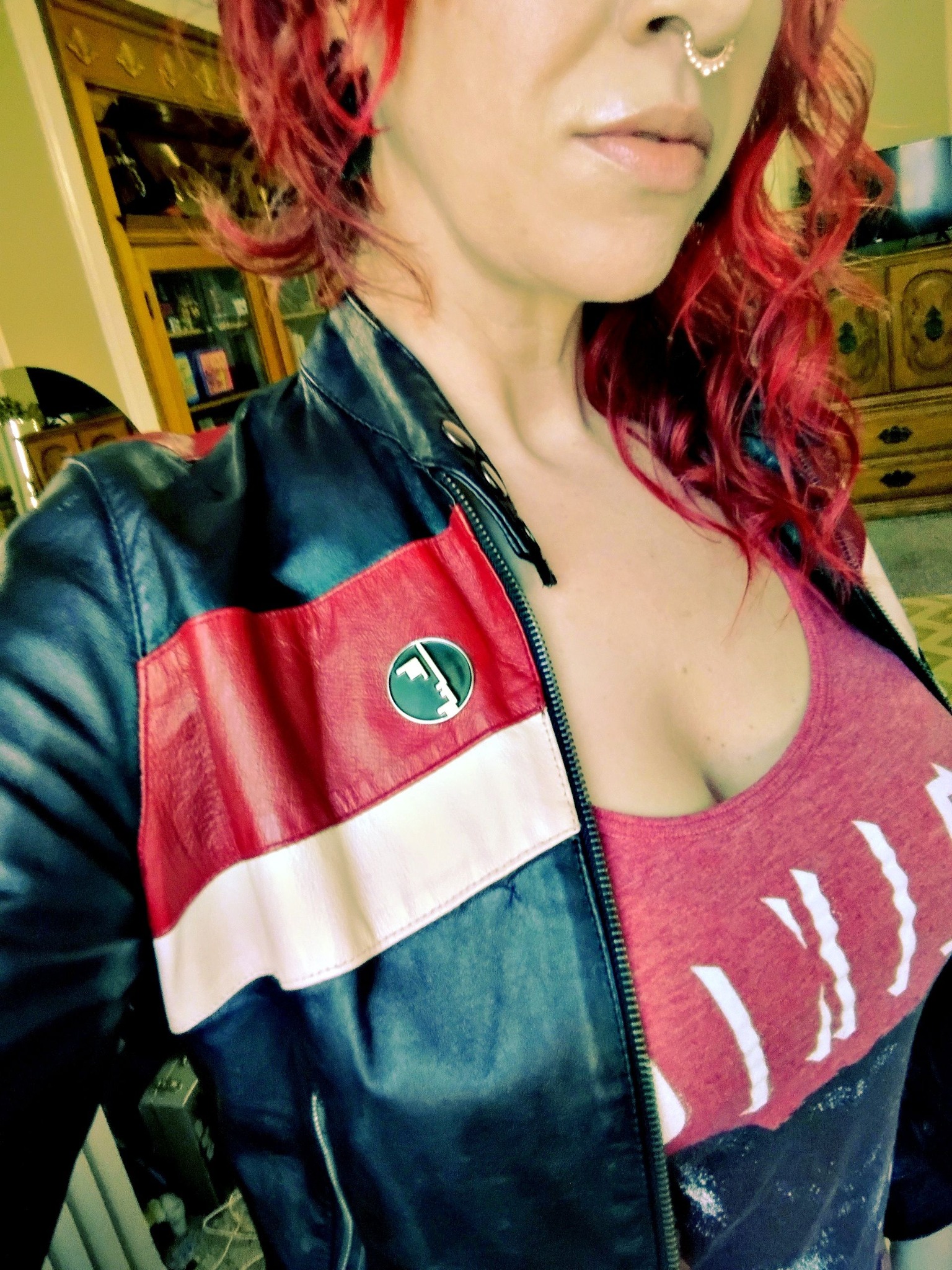 Vintage 70s leather jacket with Bauhaus pin