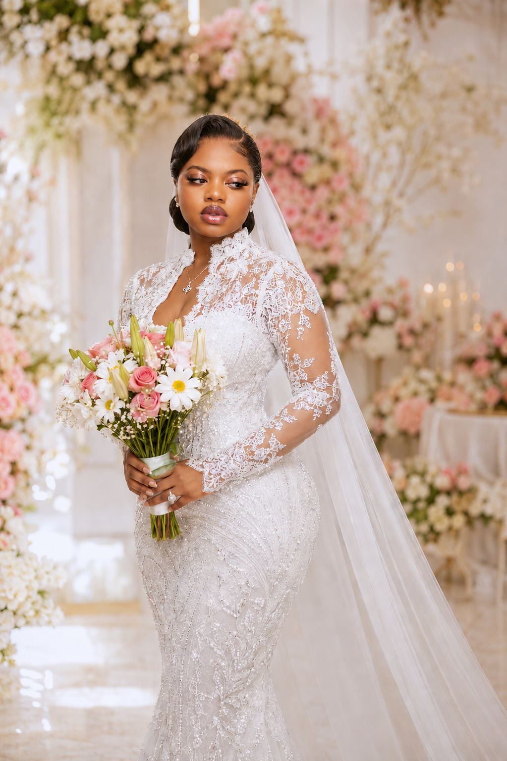 white african wedding dress Mermaid Dresses Long Sleeve Lace Bridal Gown US8 / Custom Color Ankara long dress Elegant African American bride in