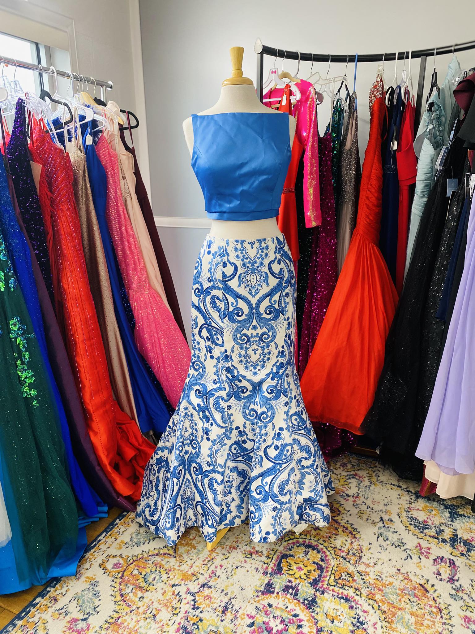 blue and white two piece prom dress We love our white💙 Sherri Hill Style #57226 $798 #missprissgowns #sherrihill #blueandwhite #prom #promshopping Picture Color Boys Accessories Flattering Wedding Dresses for Size:CHILD-4T