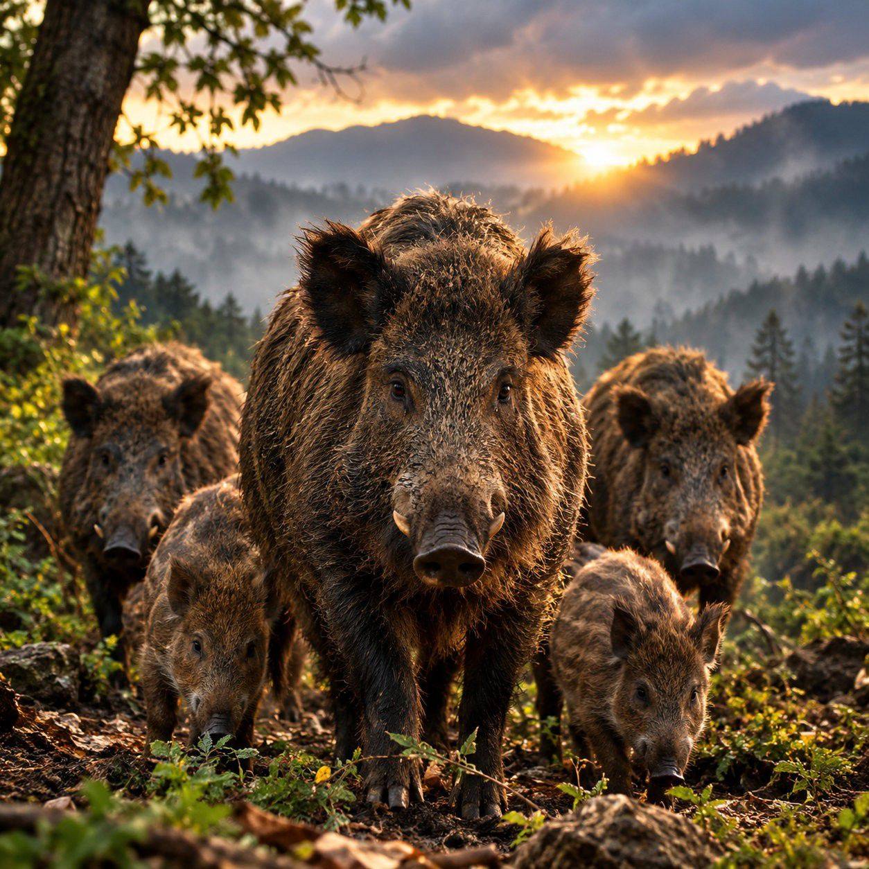 Wild Boars Gather Around a Giant Corn and Fruit Feast, Then One Steps ...