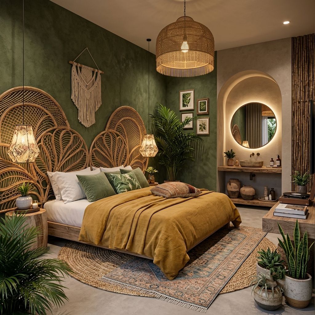 What are boho earthy bedroom design ideas with deep green or blue walls?