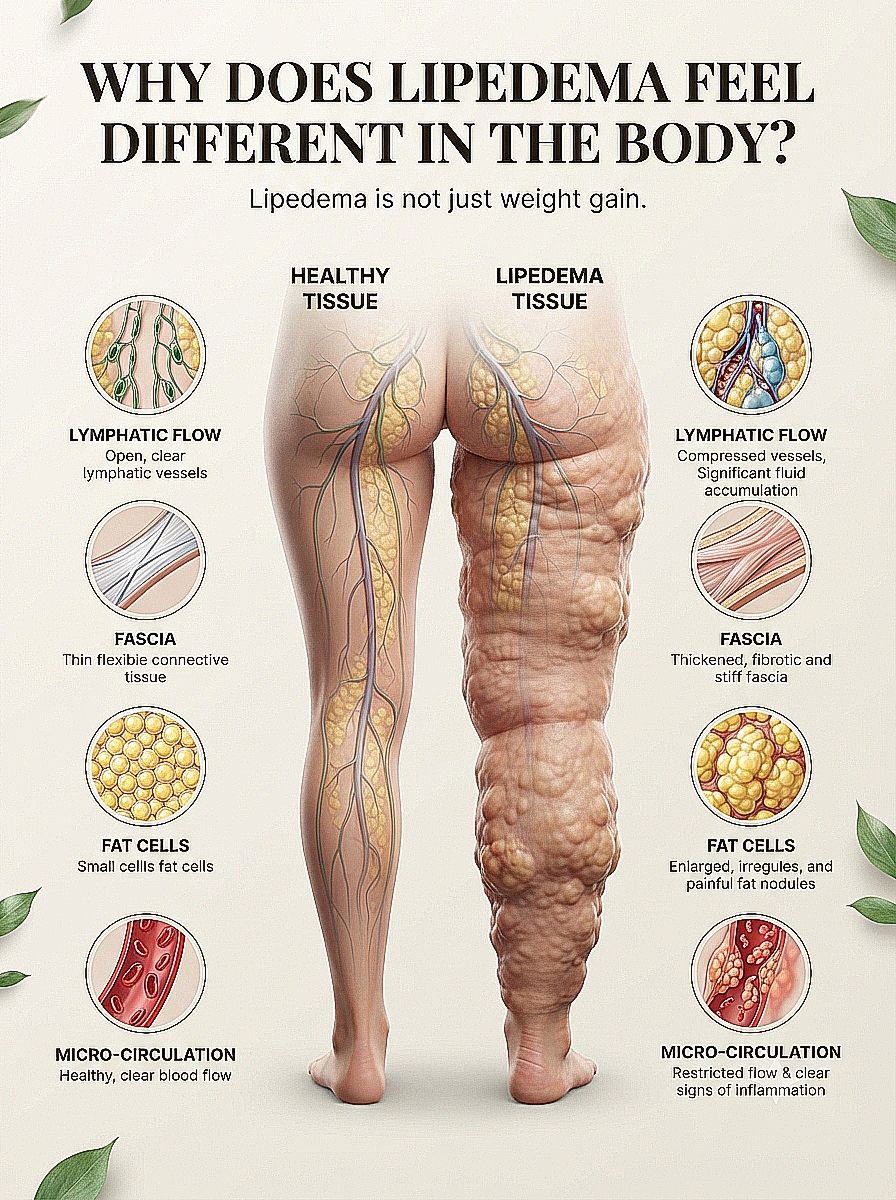 Lipedema is often mistaken for obesity, yet the disease process is biologically different. Lipedema frequently runs in families, causes painful and inflammatory fat accumulation, and can worsen during hormonal transitions such as