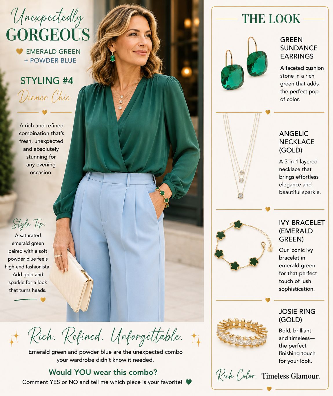 emerald green dress jewelry pairing The most flattering colors to wear with 🎨 #colorpalette #stylinghacks #LinaNoory #California emerald green what color jewelry goes with green dress