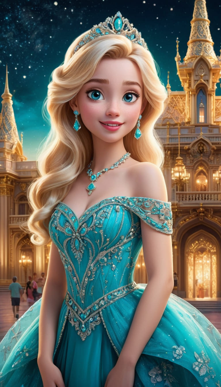 disney princess green dress blonde hair A beautiful with big, expressive eyes, hair, and a turquoise colour elegant dress, set in a grand palace with a glowing night sky Web Collection: Olive looks