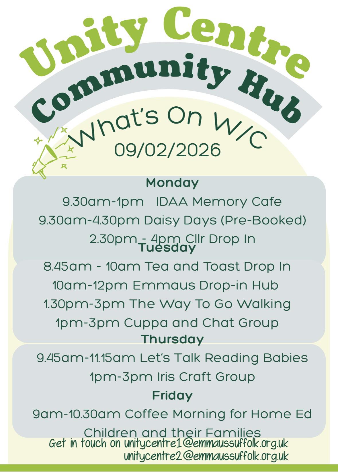 Unity - What’s on W/C Monday 9th February, here at the Unity Centre ...