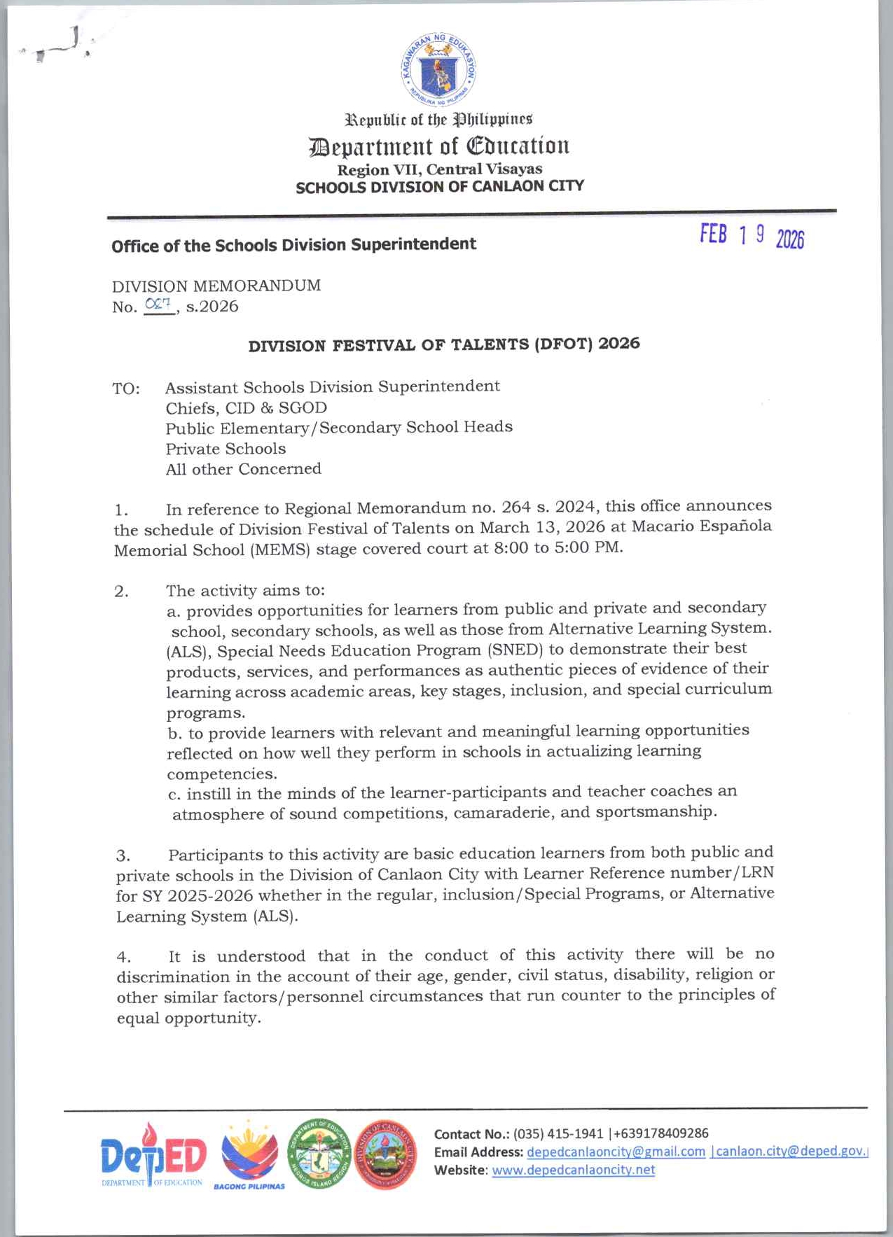 Division Memorandum No. 087, S. 2026... - SDOCanlaonIssuances | Facebook