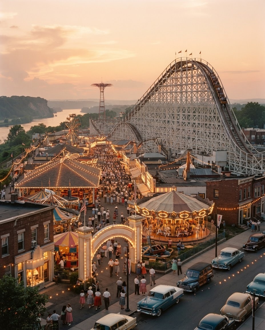 A car descends the 53-foot final drop of the Log Jammer moments