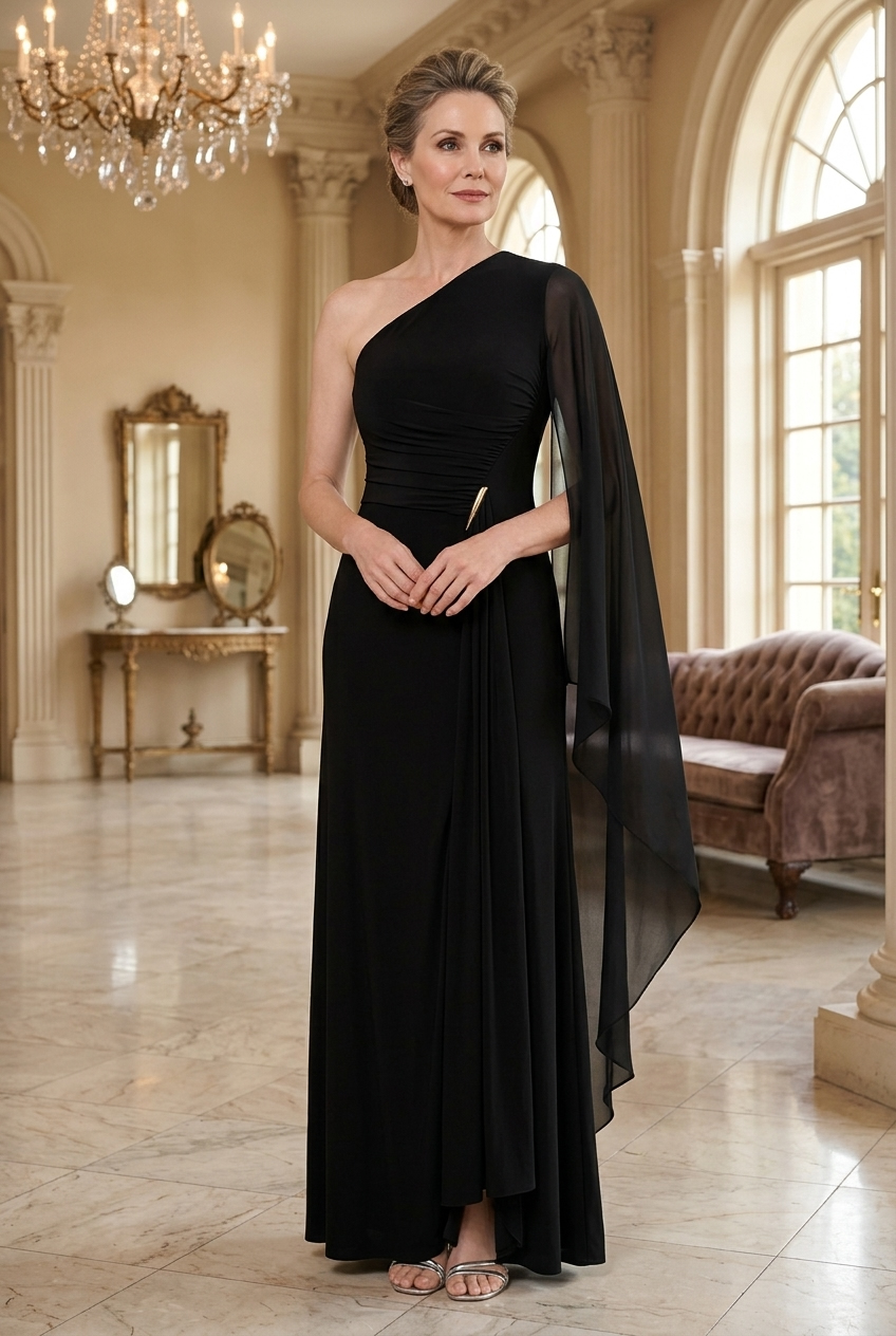 Asymmetrical black gown with chiffon cape sleeve