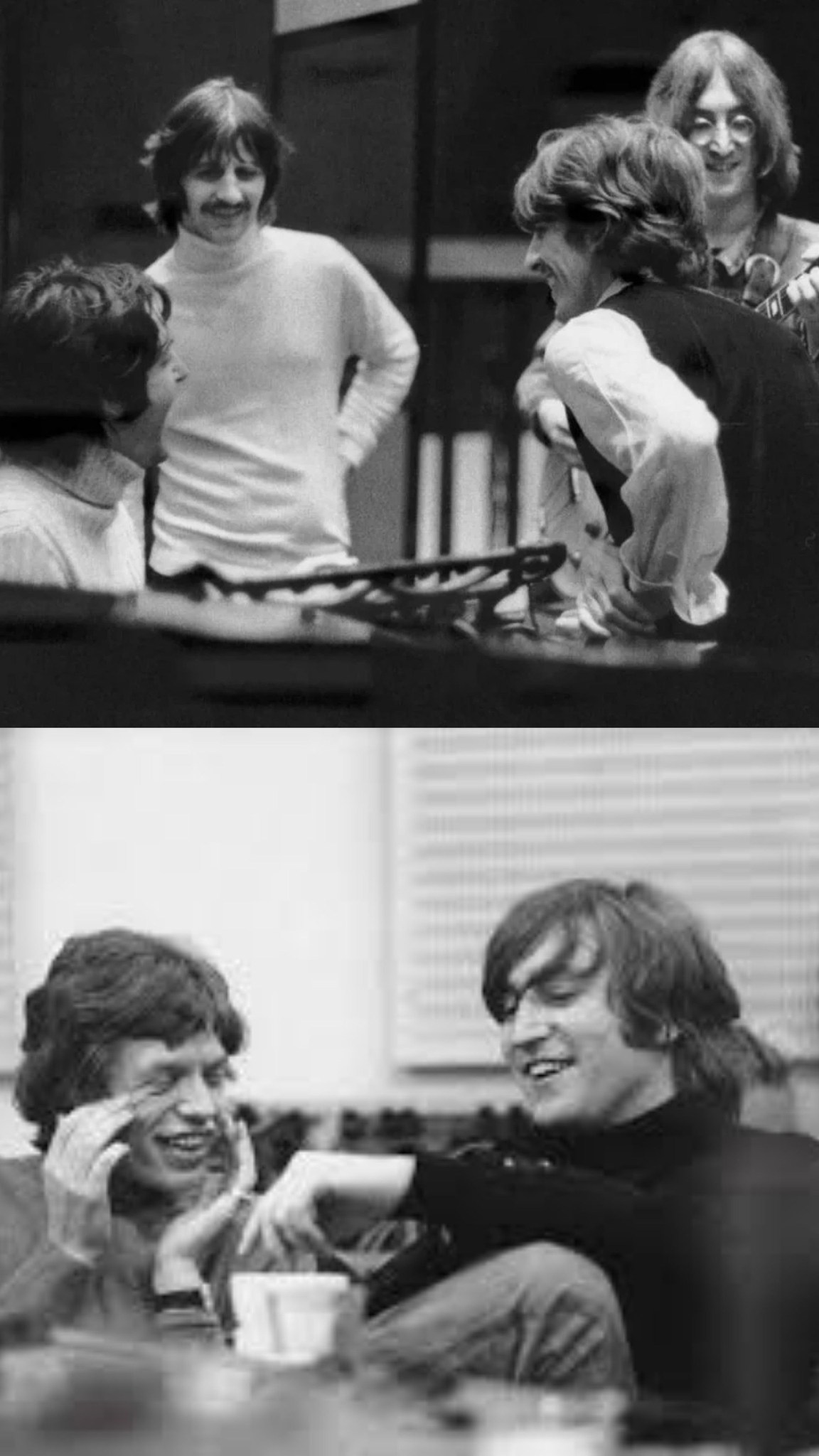 Paul McCartney and John Lennon recording at Abbey Road Studios in