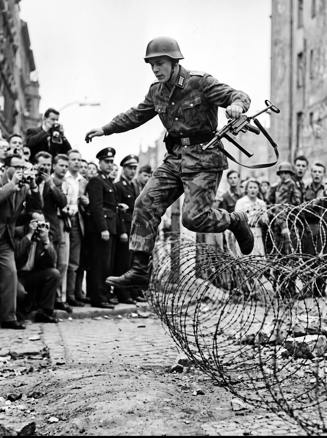 19-year-old border guard Hans Conrad Schumann jumps to the French
