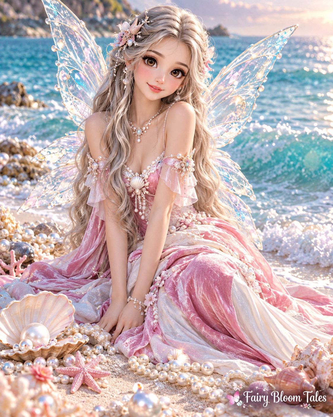 Fairy in a magical beach setting with pearls and seashells