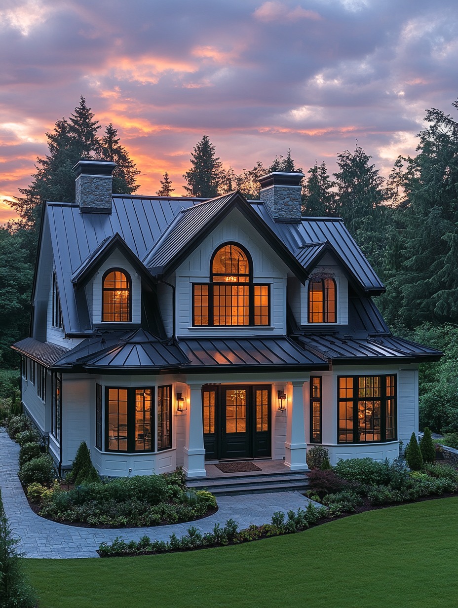 Farmhouse Vibes - Dramatic dormers and glowing windows...