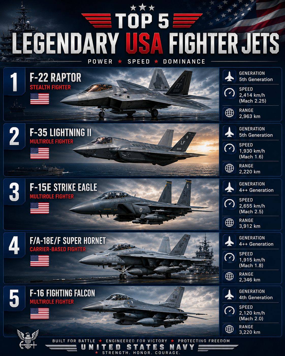 U.S. Department of Defense footage showcases F-15, F-16, F-22, and