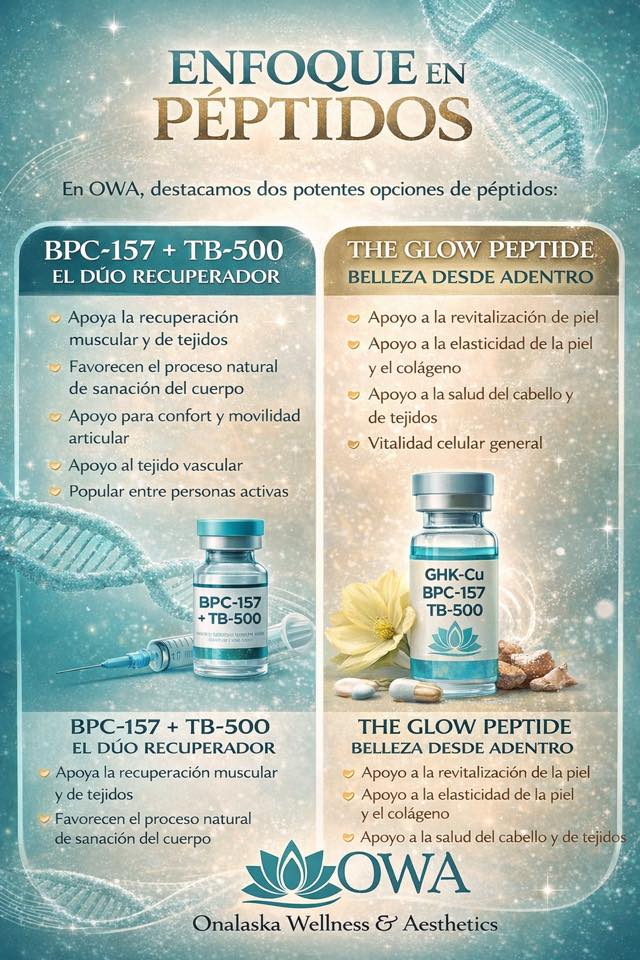 ✨ PEPTIDE SPOTLIGHT AT OWA ✨ BPC-157 + TB-500 & The Glow Peptide Peptides are small chains of amino acids that act as signaling molecules in the body. In regenerative wellness conversations