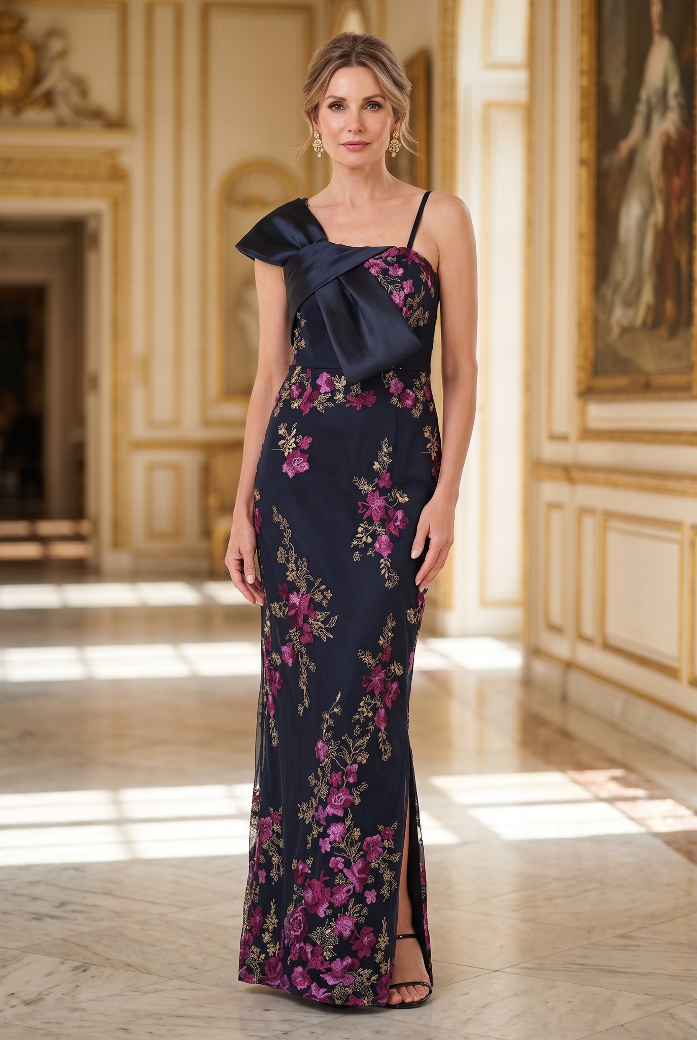 Navy column gown with magenta floral embroidery for formal events