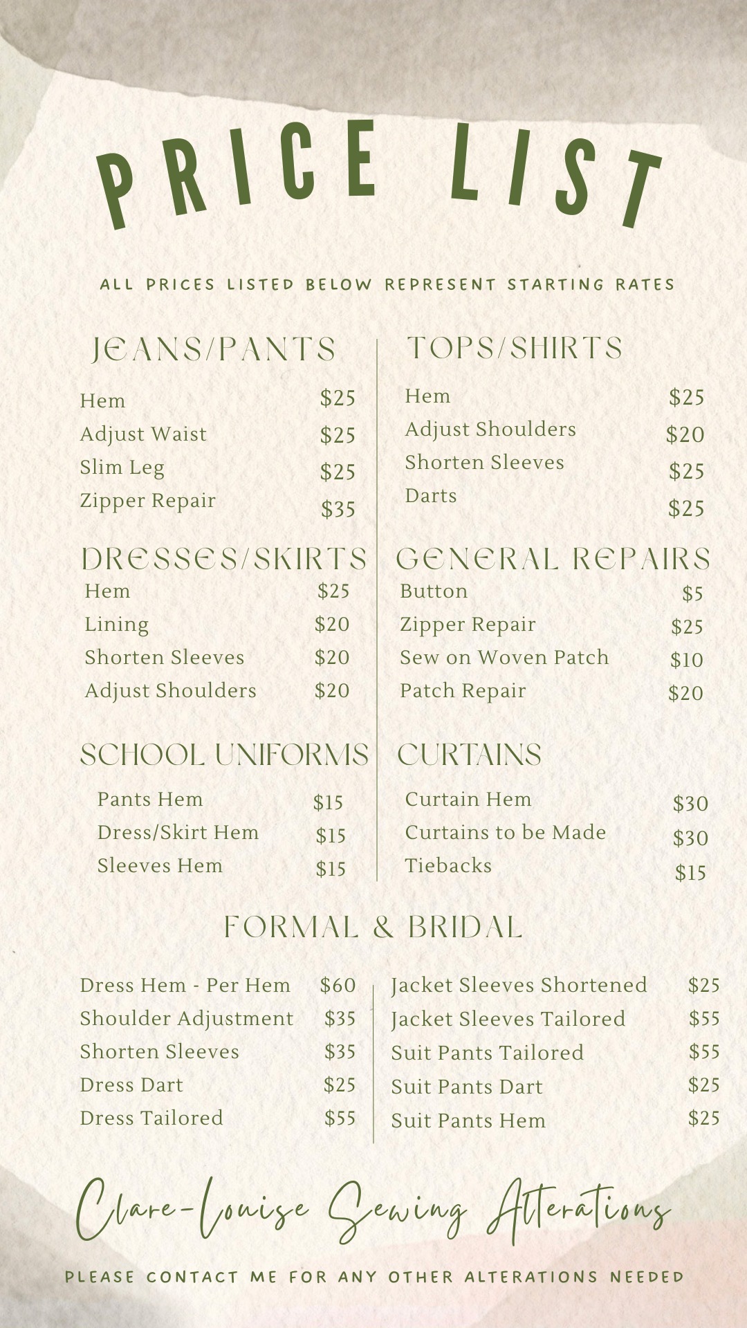 Hi everyone, here is my current price list for clothing alterations🧵🪡