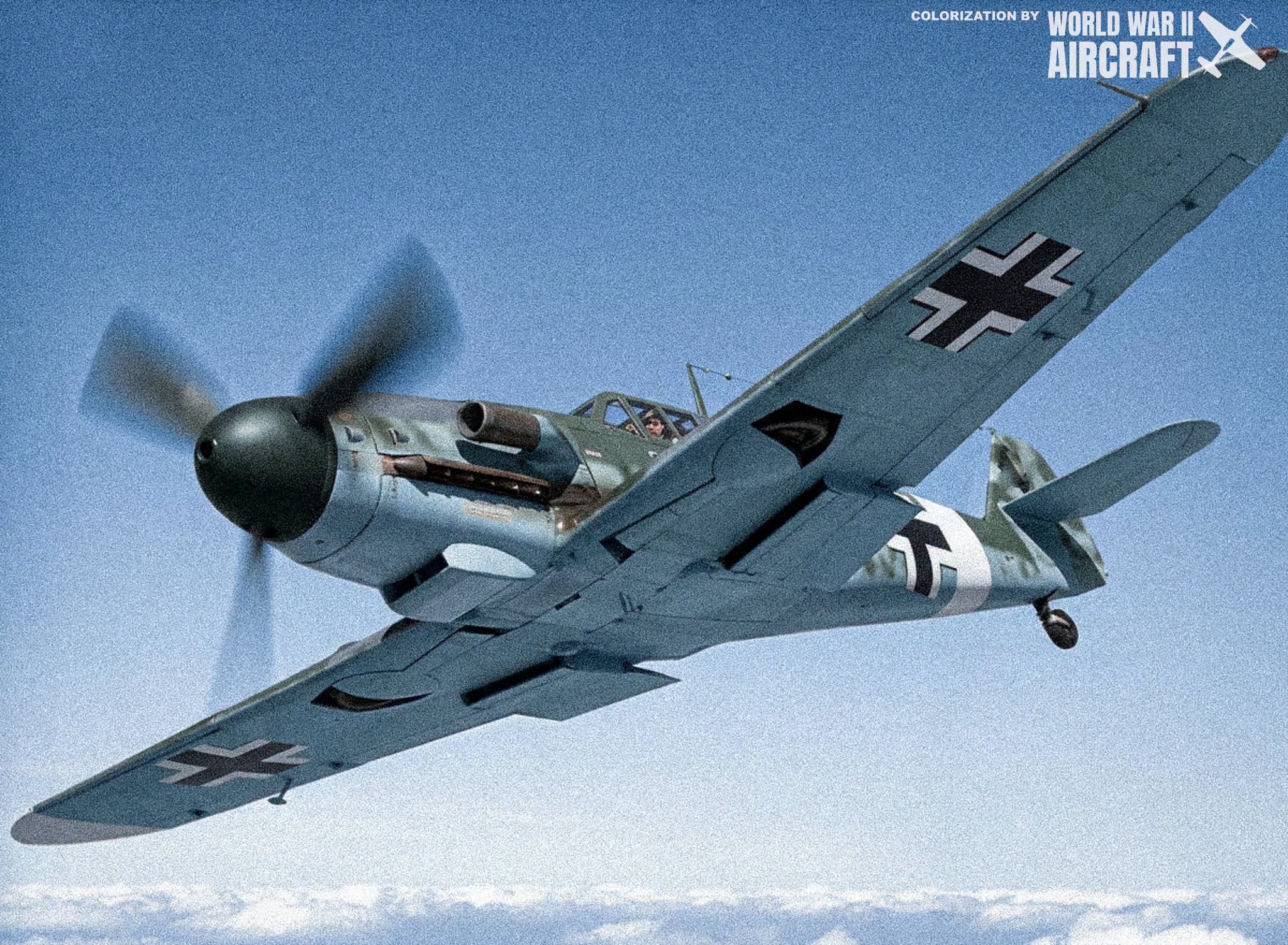 A Messerschmitt Bf 109 banks over cloud cover during a Luftwaffe