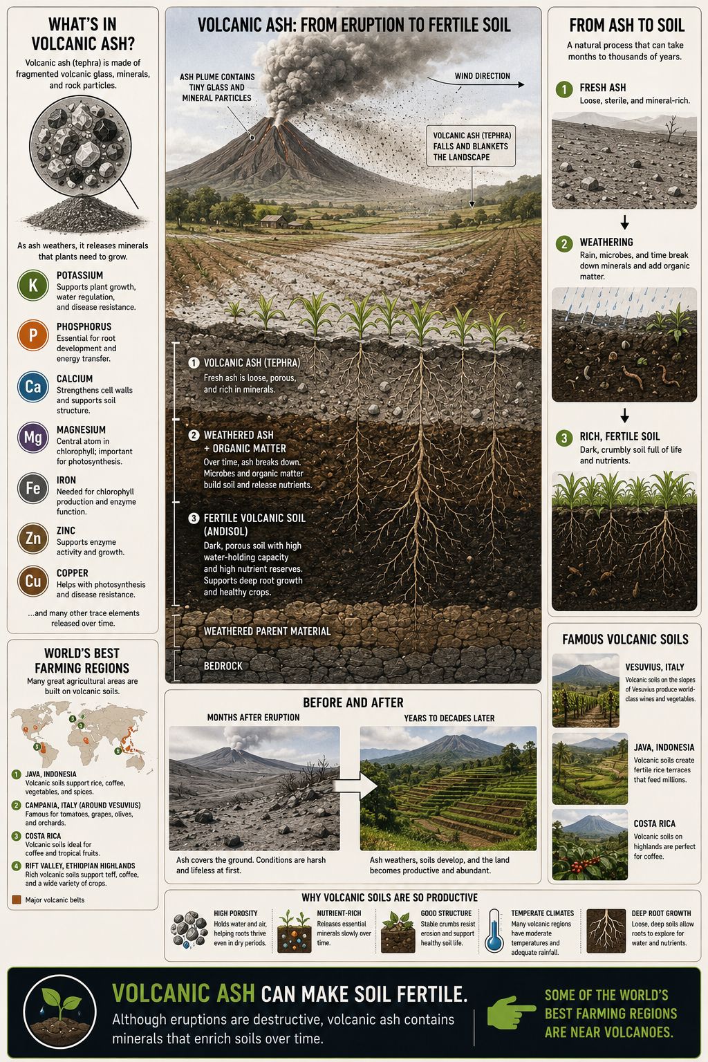 Volcanic ash makes soil fertile over time