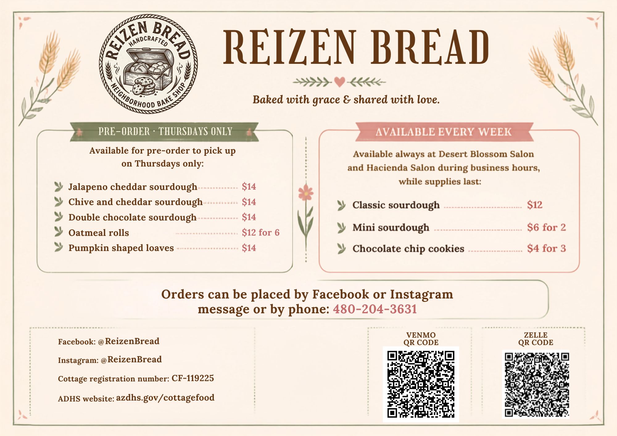 BREAD & TEA スポットオーダー Reizen Bread Pre-Orders Open for Thursday Pickup in Wickenburg, AZ