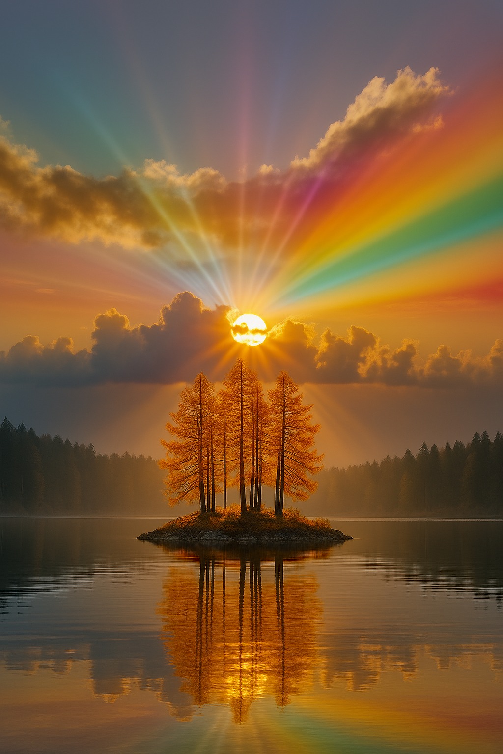 Sunrise - Golden trees stand together on a small island, glowing under ...